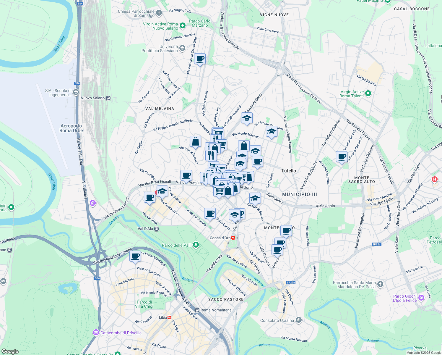 map of restaurants, bars, coffee shops, grocery stores, and more near 7 Via Stampalia in Roma