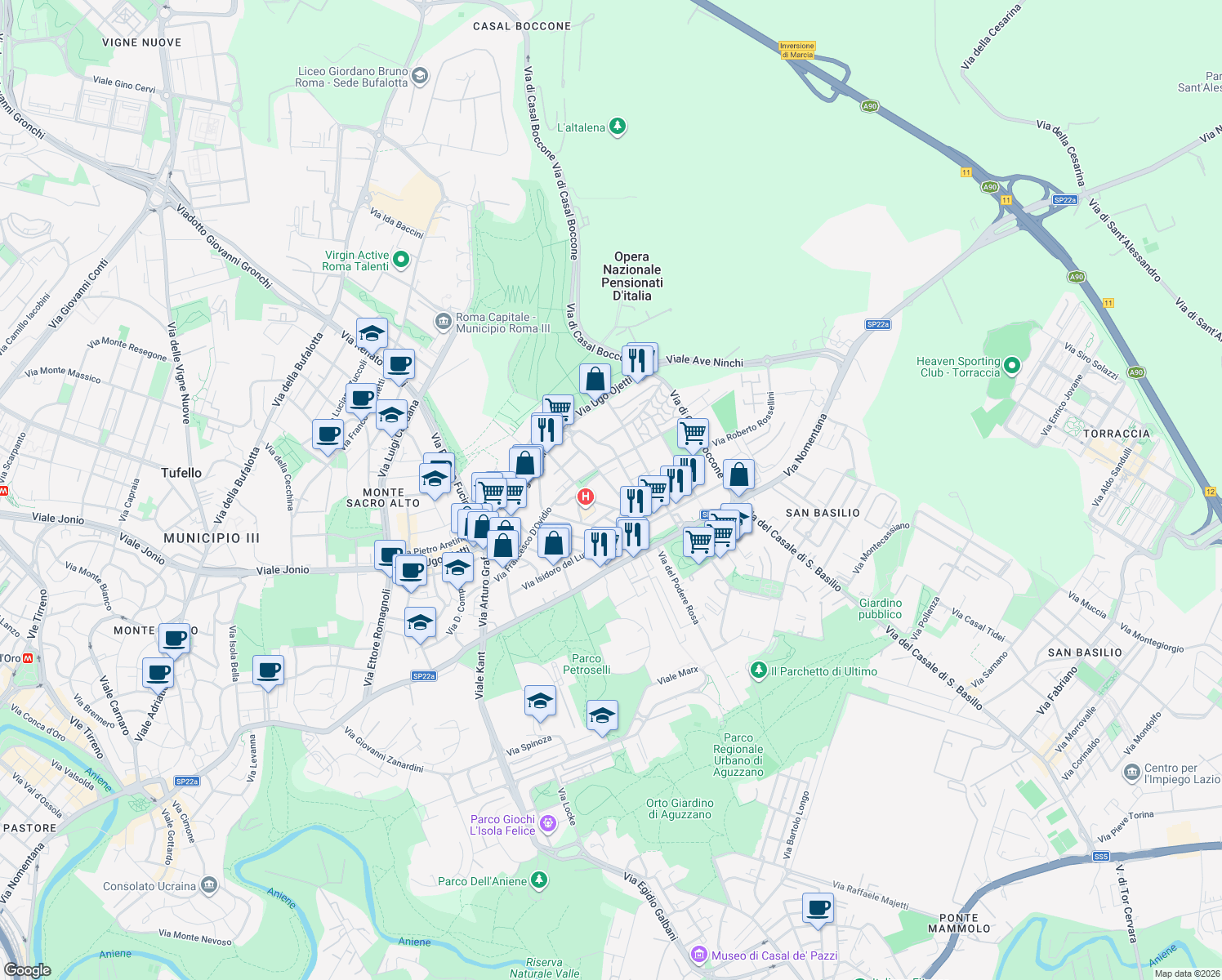 map of restaurants, bars, coffee shops, grocery stores, and more near 36 Via Adriano Tilgher in Roma