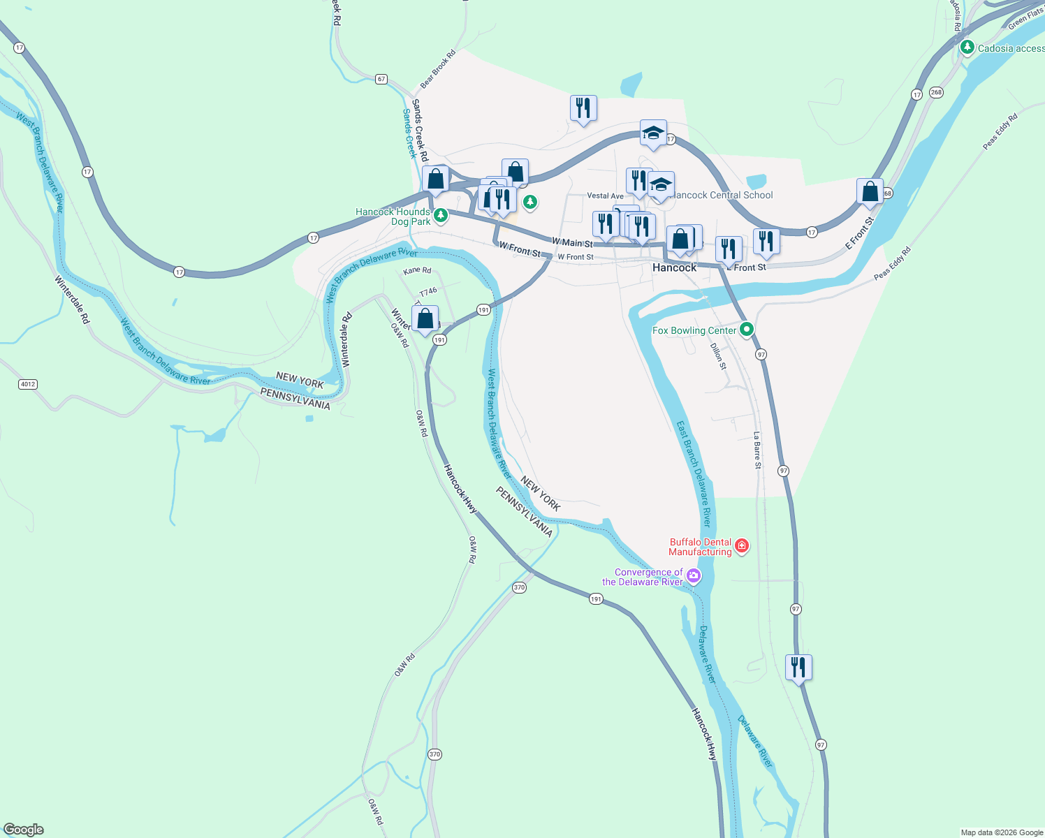 map of restaurants, bars, coffee shops, grocery stores, and more near River Rd in Hancock