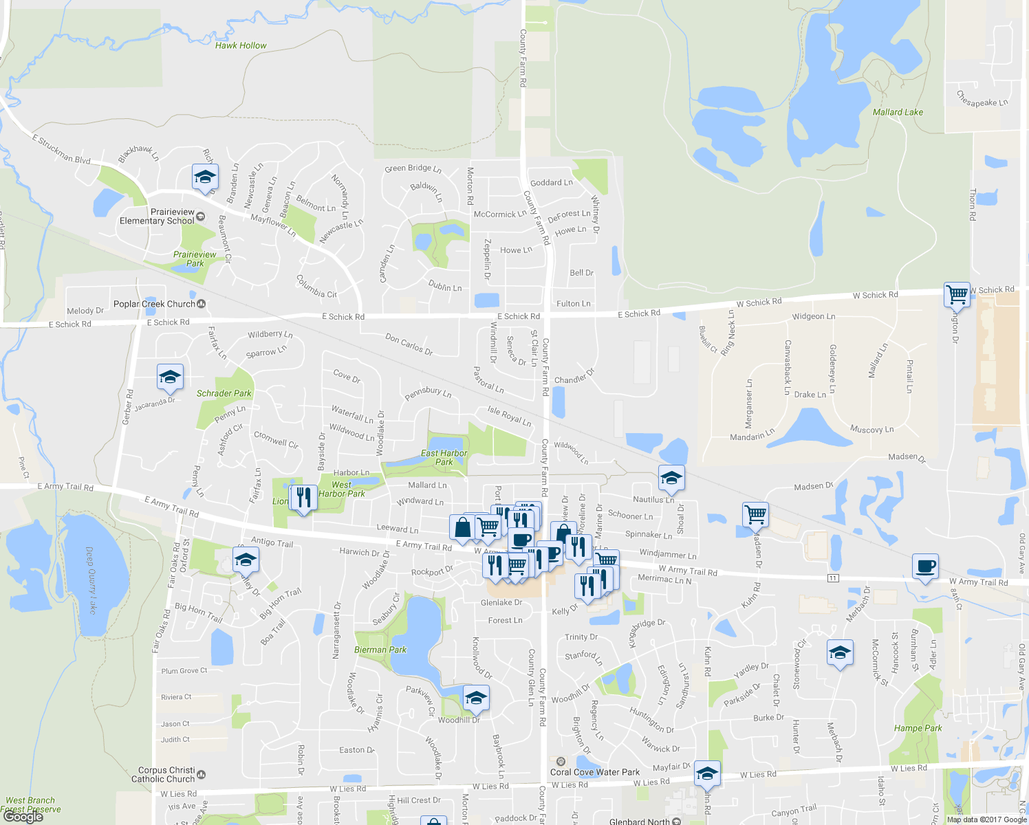 map of restaurants, bars, coffee shops, grocery stores, and more near 1872 Isle Royal Lane in Hanover Park
