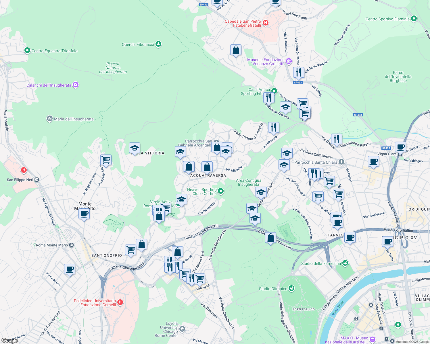 map of restaurants, bars, coffee shops, grocery stores, and more near 4 Via Misurina in Roma