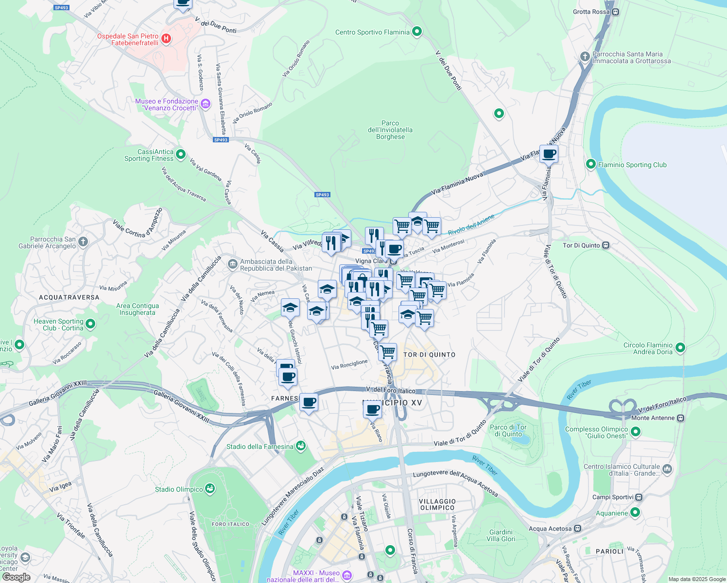 map of restaurants, bars, coffee shops, grocery stores, and more near 175 Via di Vigna Stelluti in Rome