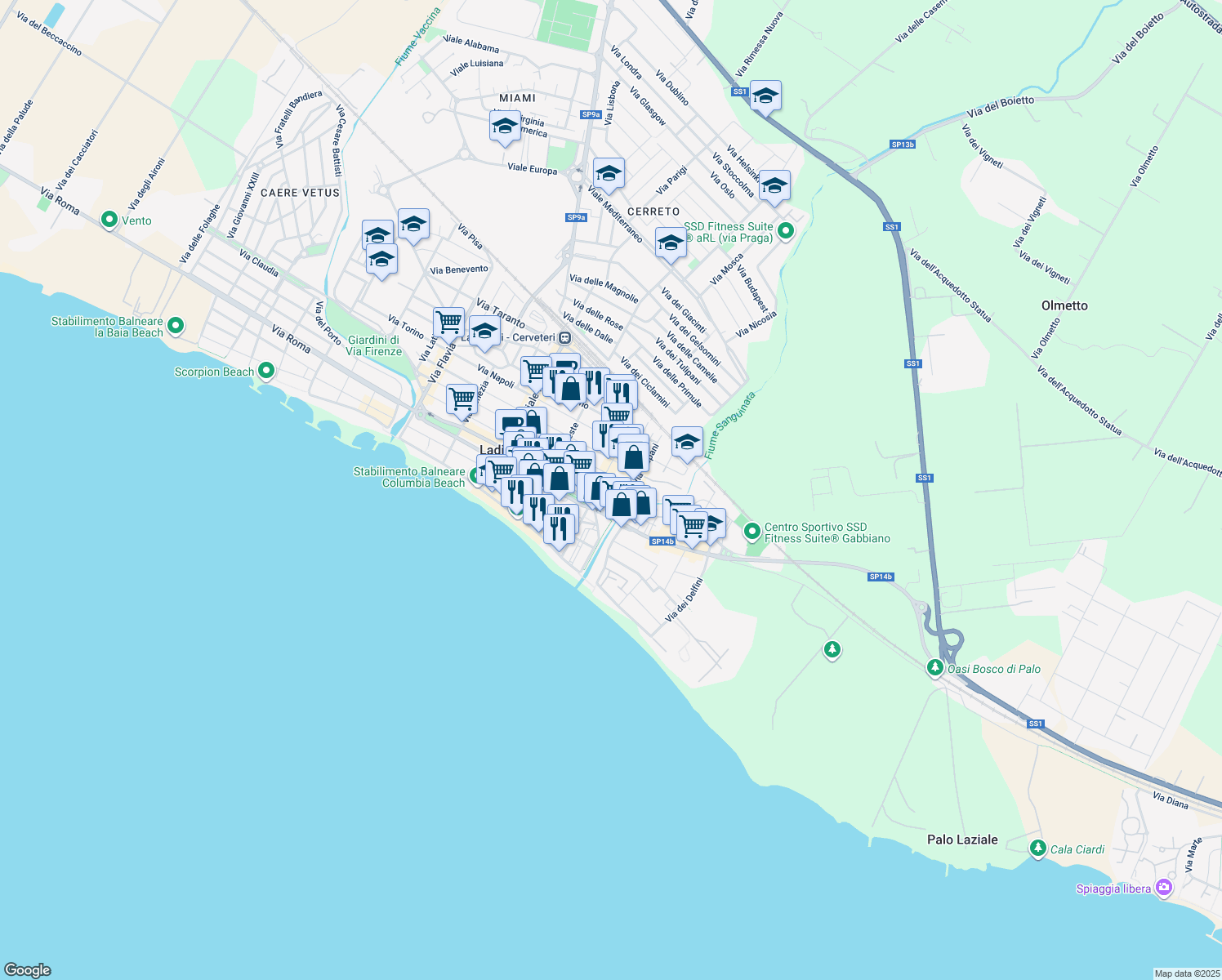map of restaurants, bars, coffee shops, grocery stores, and more near 14 Via Fiume in Ladispoli