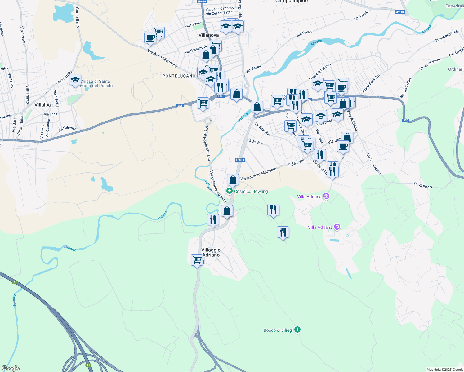 map of restaurants, bars, coffee shops, grocery stores, and more near Via Maremmana Inferiore in Rome