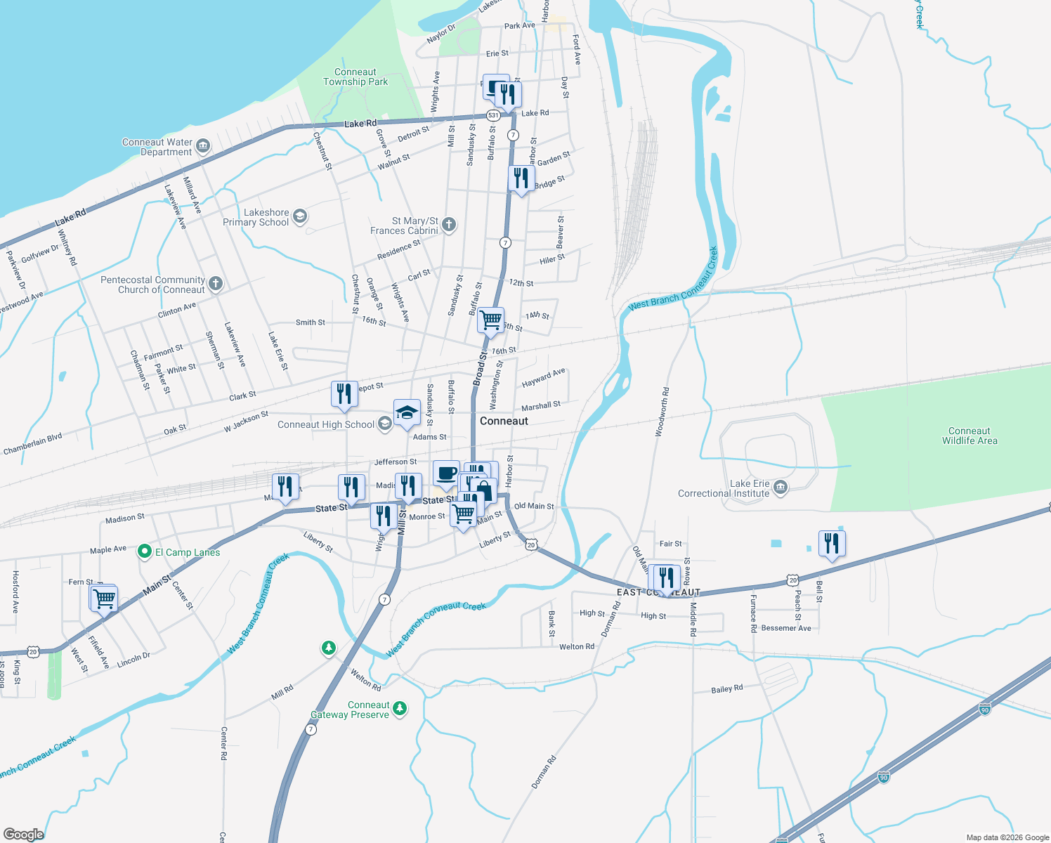 map of restaurants, bars, coffee shops, grocery stores, and more near 178 Poplar St in Conneaut