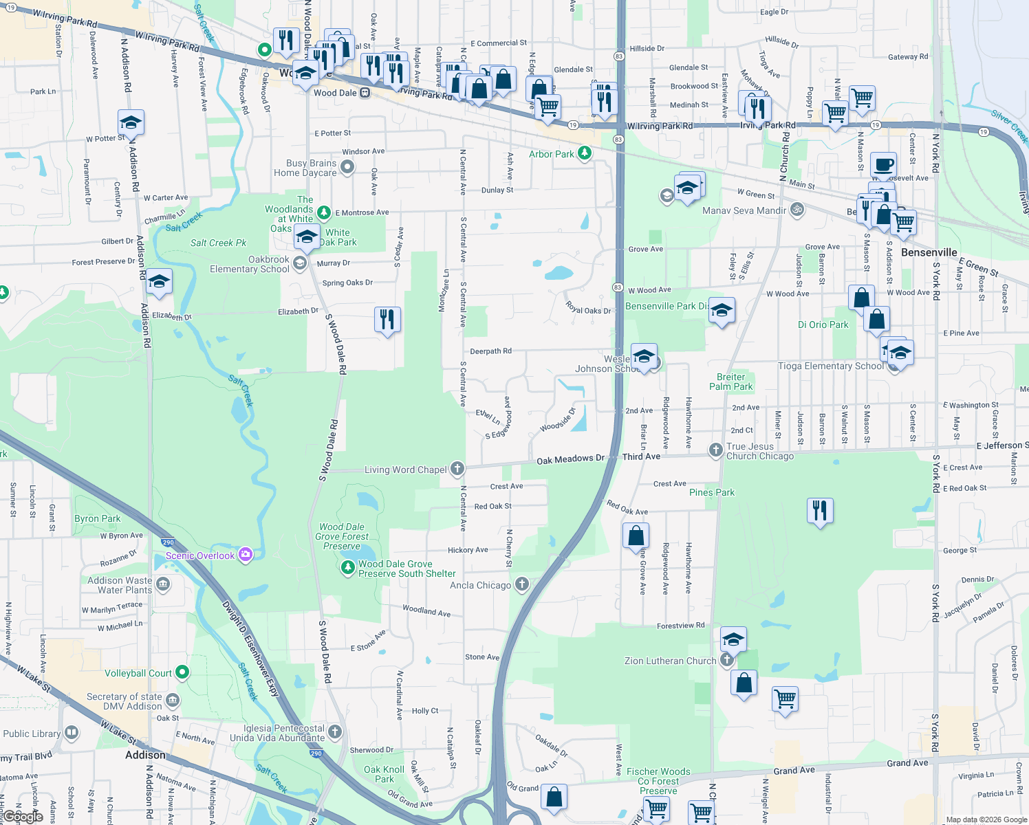 map of restaurants, bars, coffee shops, grocery stores, and more near 401 S Edgewood Ave in Wood Dale