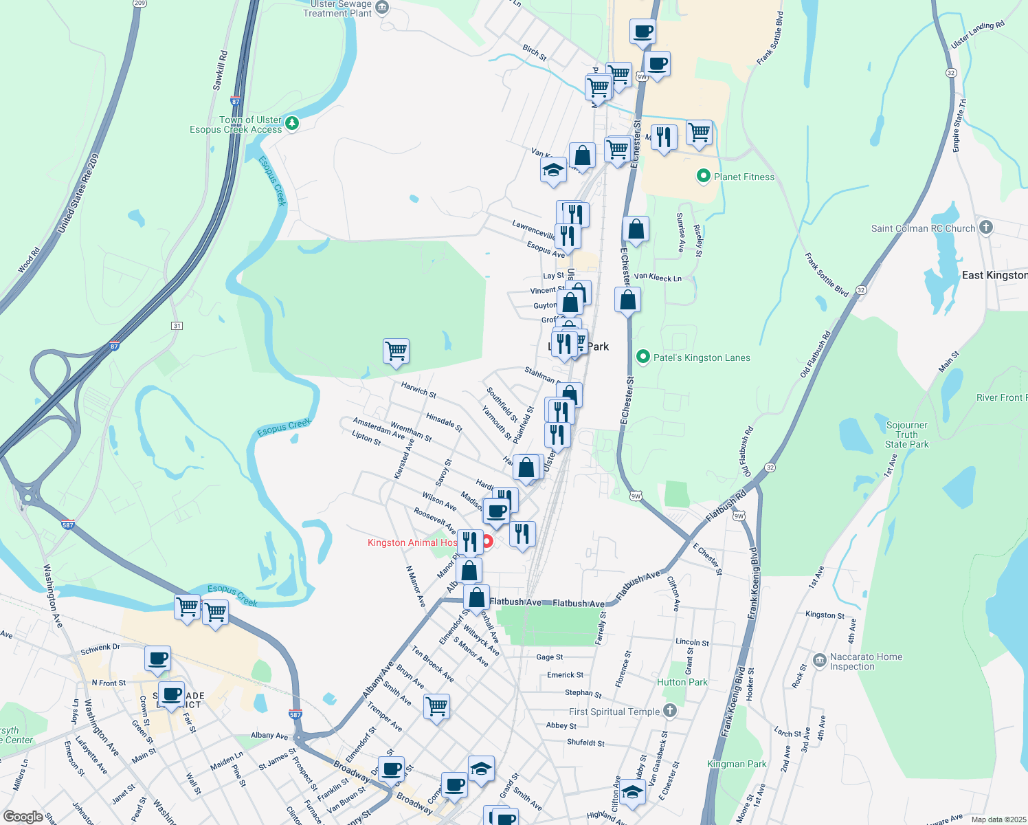 map of restaurants, bars, coffee shops, grocery stores, and more near 72 Southfield St in Kingston