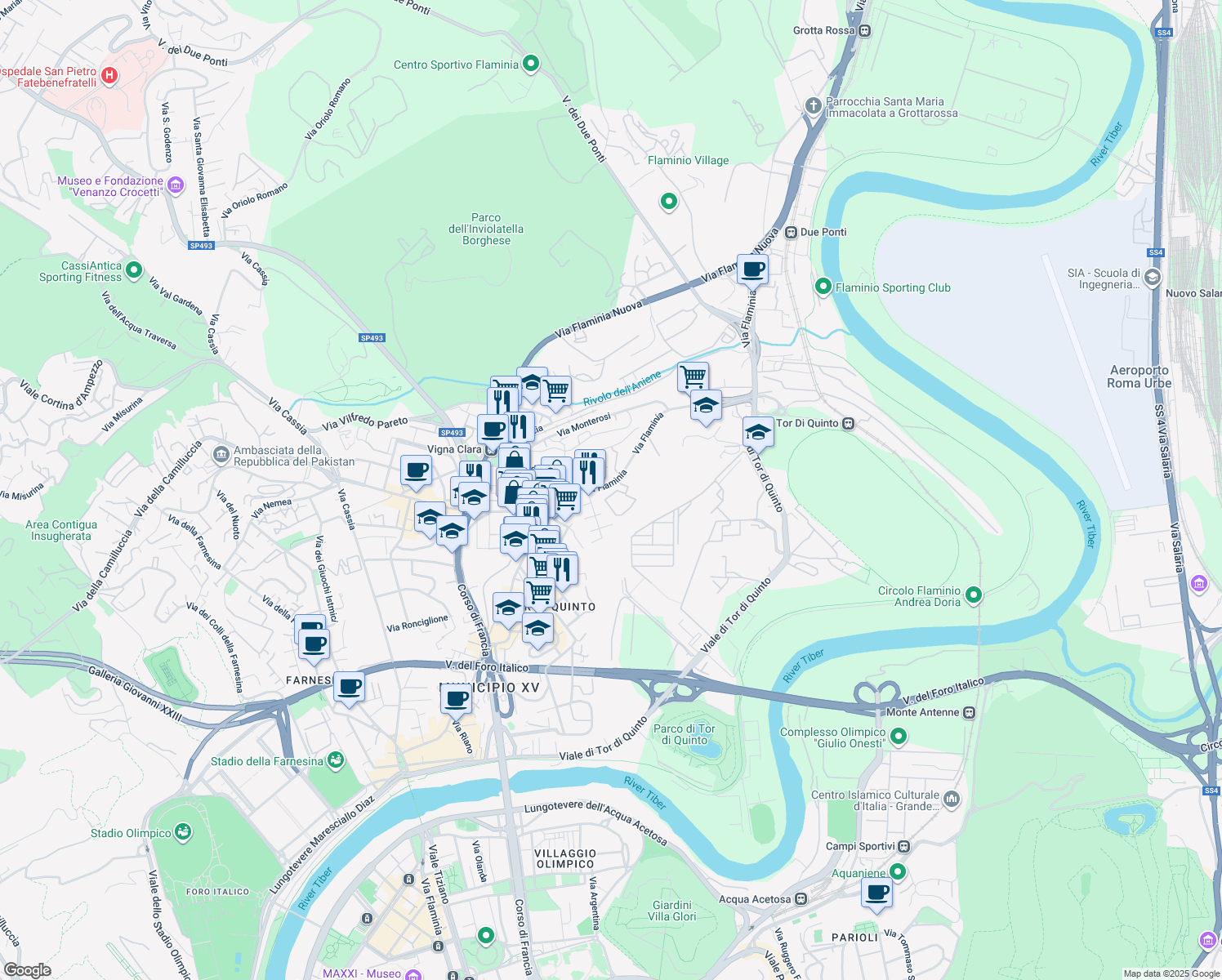 map of restaurants, bars, coffee shops, grocery stores, and more near 820 Via Flaminia in Roma