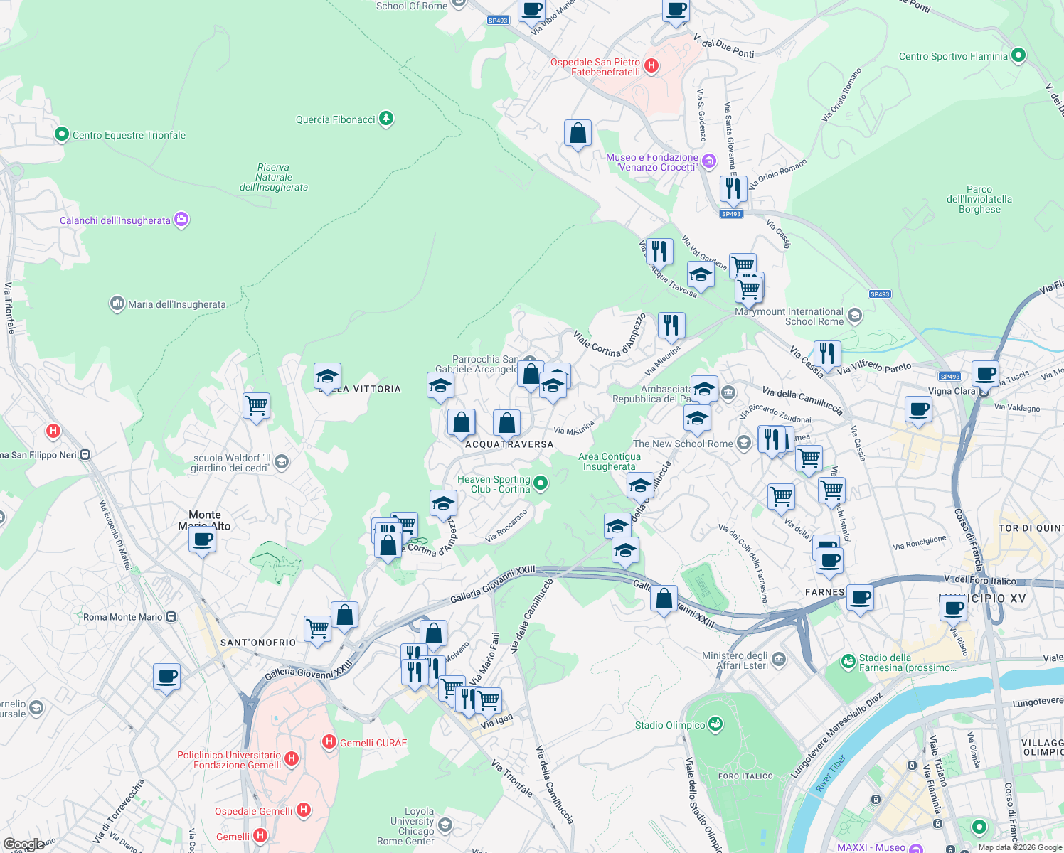 map of restaurants, bars, coffee shops, grocery stores, and more near 4 Via Misurina in Roma