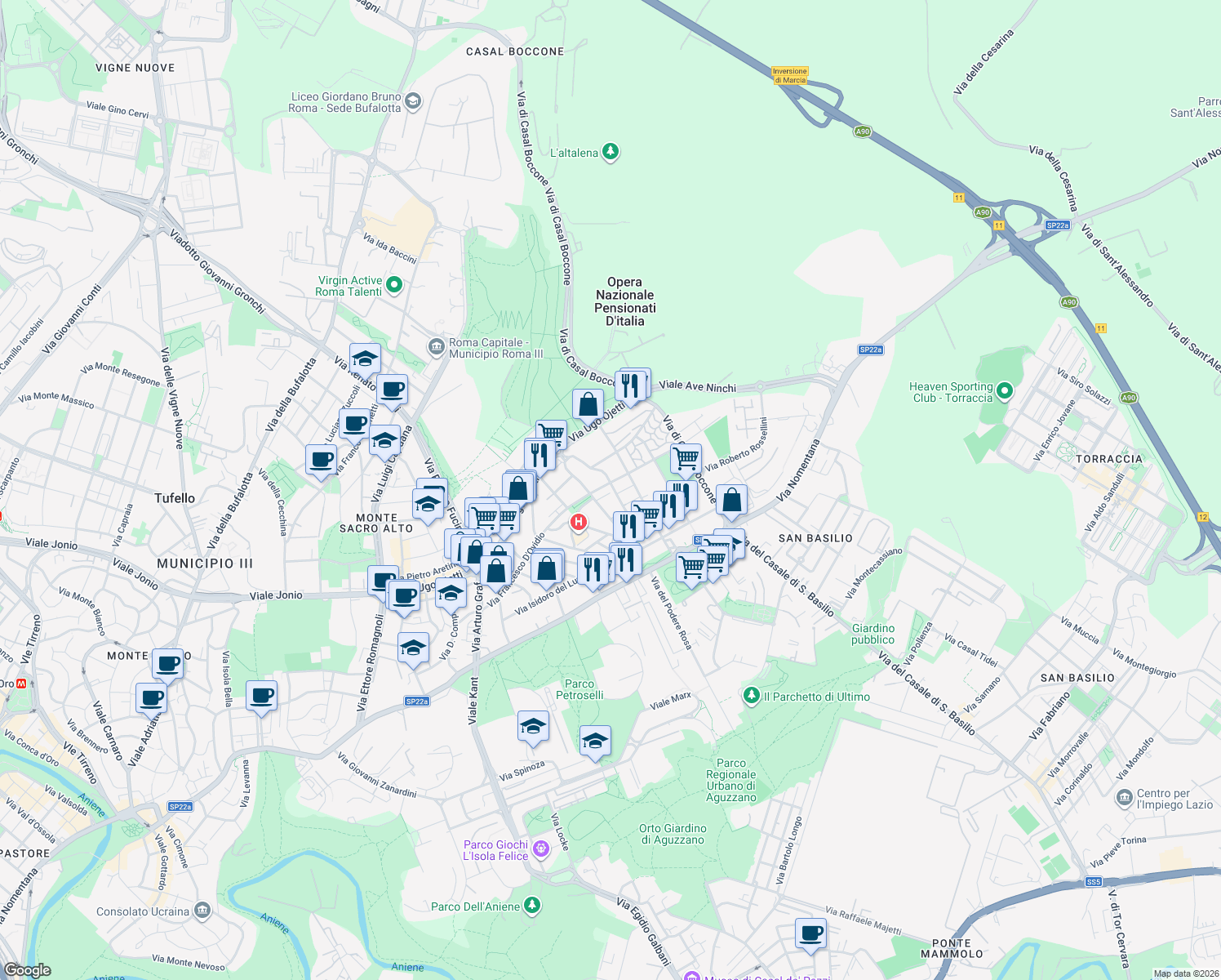 map of restaurants, bars, coffee shops, grocery stores, and more near 36 Via Adriano Tilgher in Roma