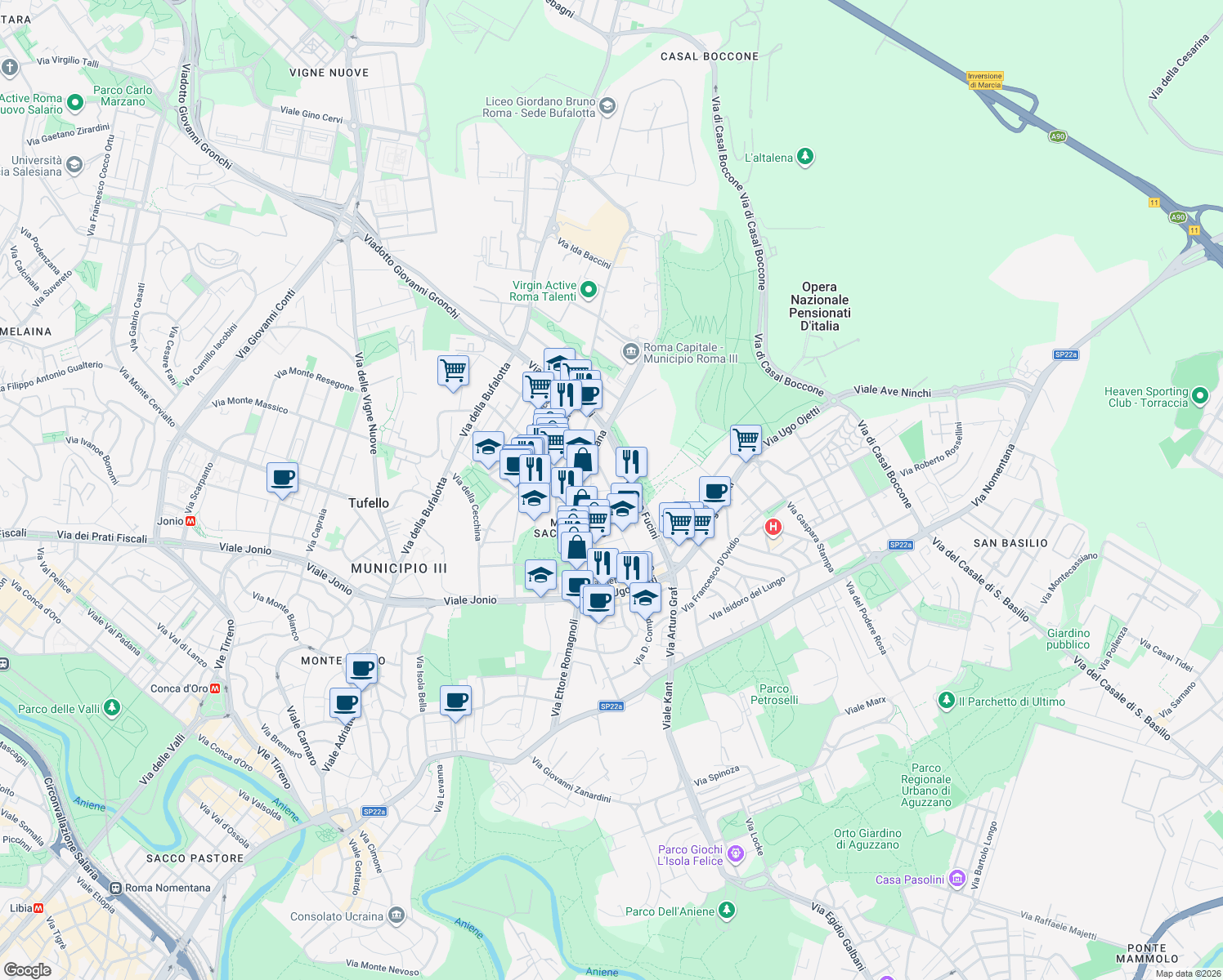 map of restaurants, bars, coffee shops, grocery stores, and more near 3-27 Via Vincenzo Padula in Roma