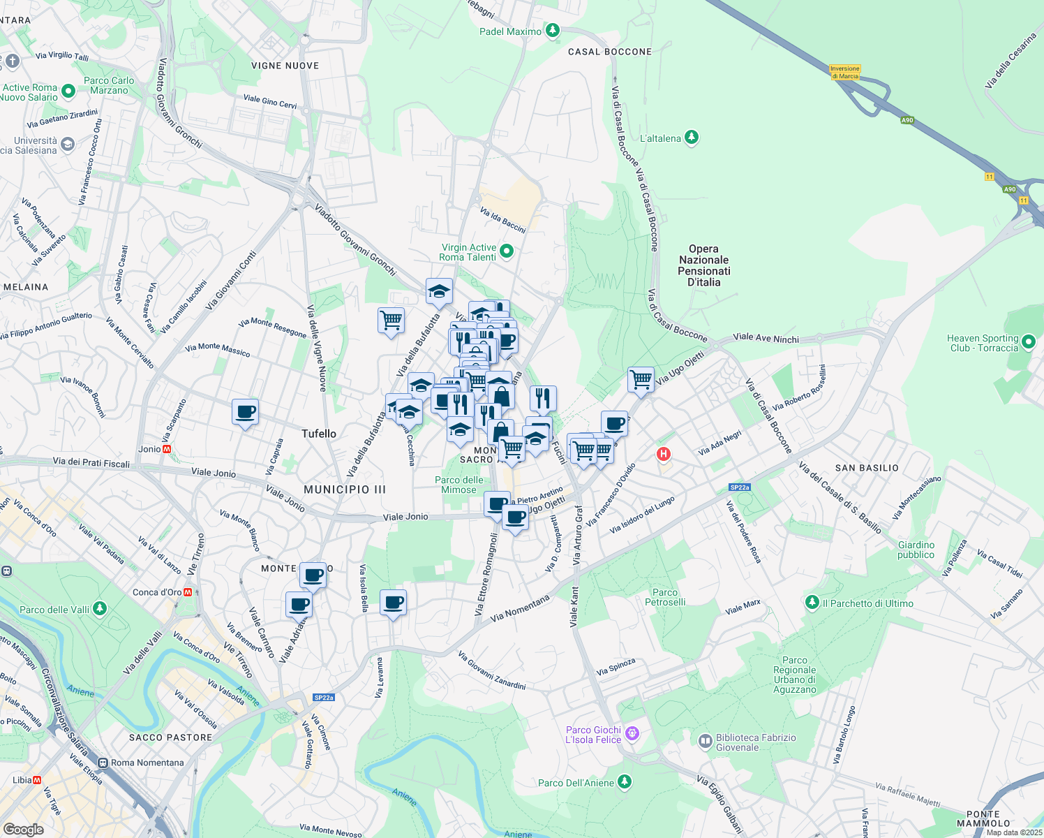 map of restaurants, bars, coffee shops, grocery stores, and more near 64 Via Dino Frescobaldi in Roma