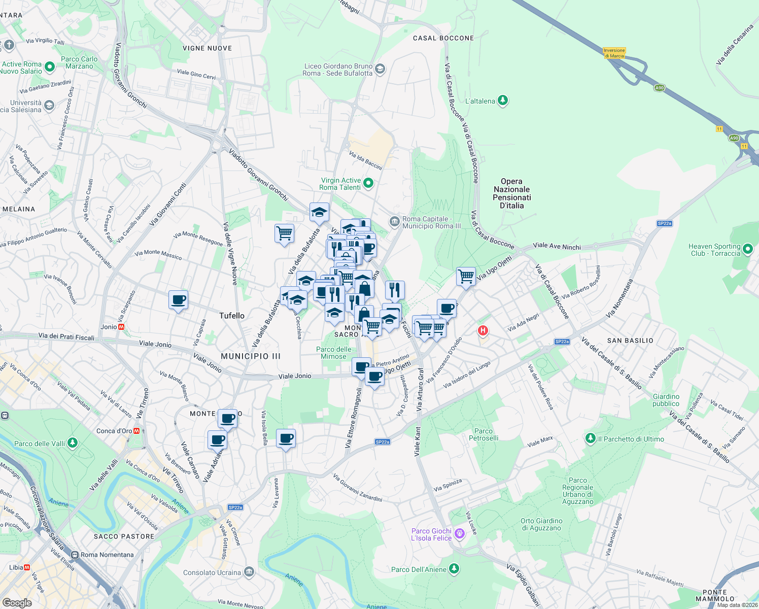 map of restaurants, bars, coffee shops, grocery stores, and more near 64 Via Dino Frescobaldi in Roma