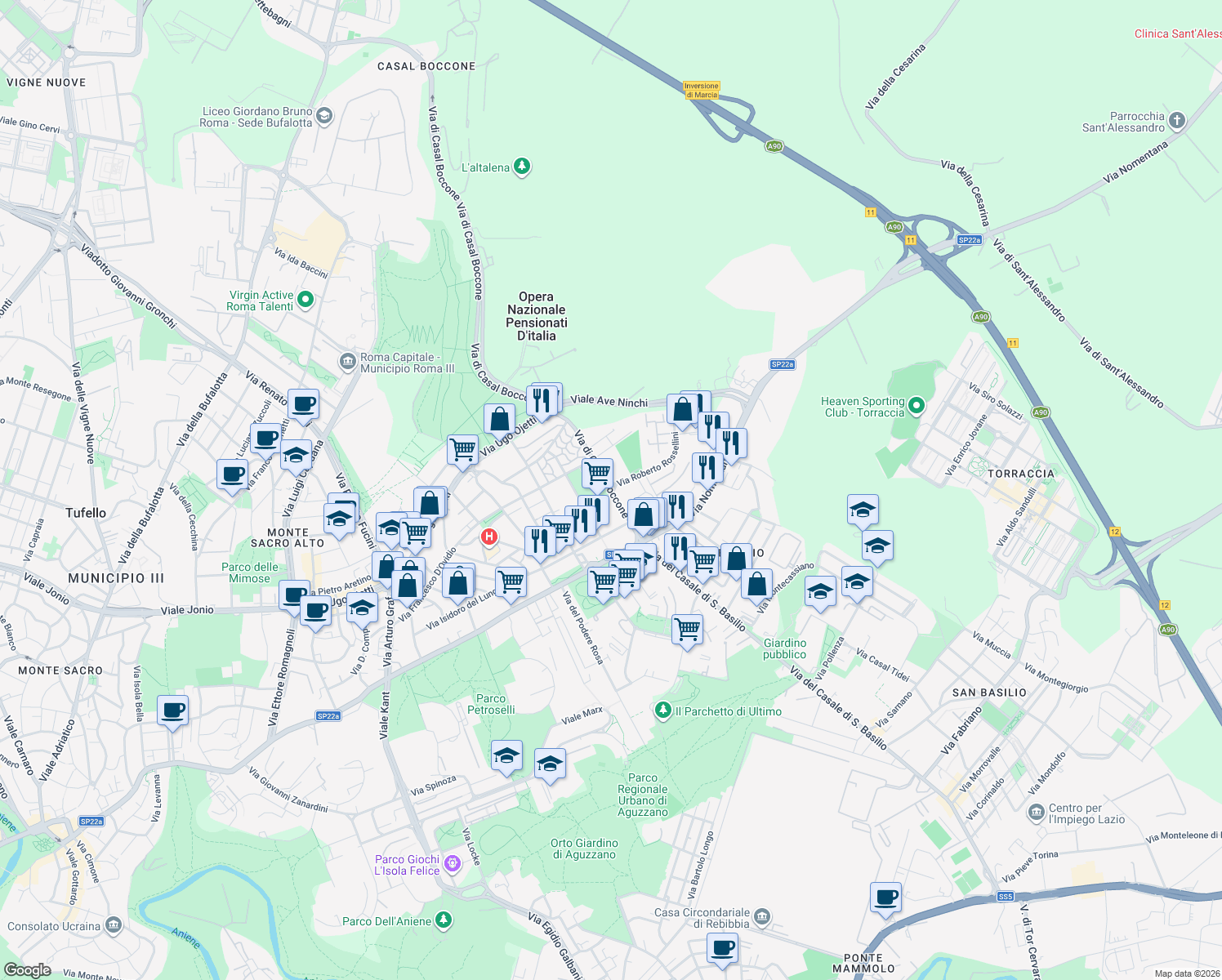 map of restaurants, bars, coffee shops, grocery stores, and more near 81 Via di Casal Boccone in Rome