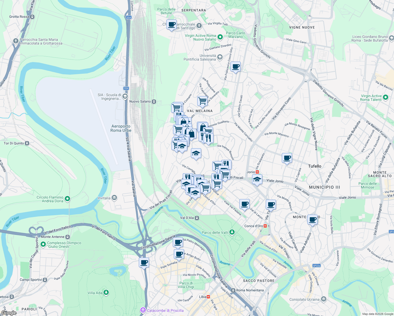 map of restaurants, bars, coffee shops, grocery stores, and more near 25 Via Angelo Baldassarri in Roma
