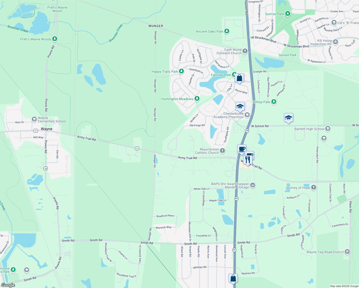 map of restaurants, bars, coffee shops, grocery stores, and more near 1575 Old Forge Road in Bartlett