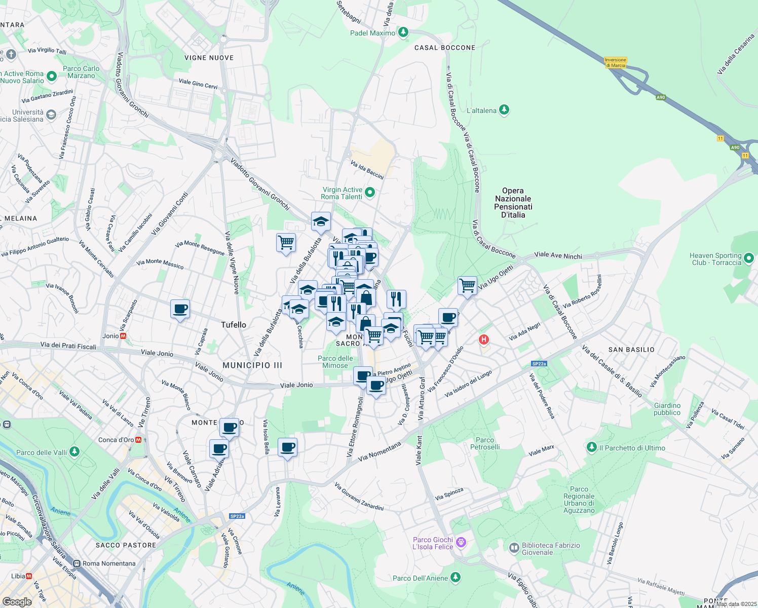 map of restaurants, bars, coffee shops, grocery stores, and more near 64 Via Dino Frescobaldi in Roma