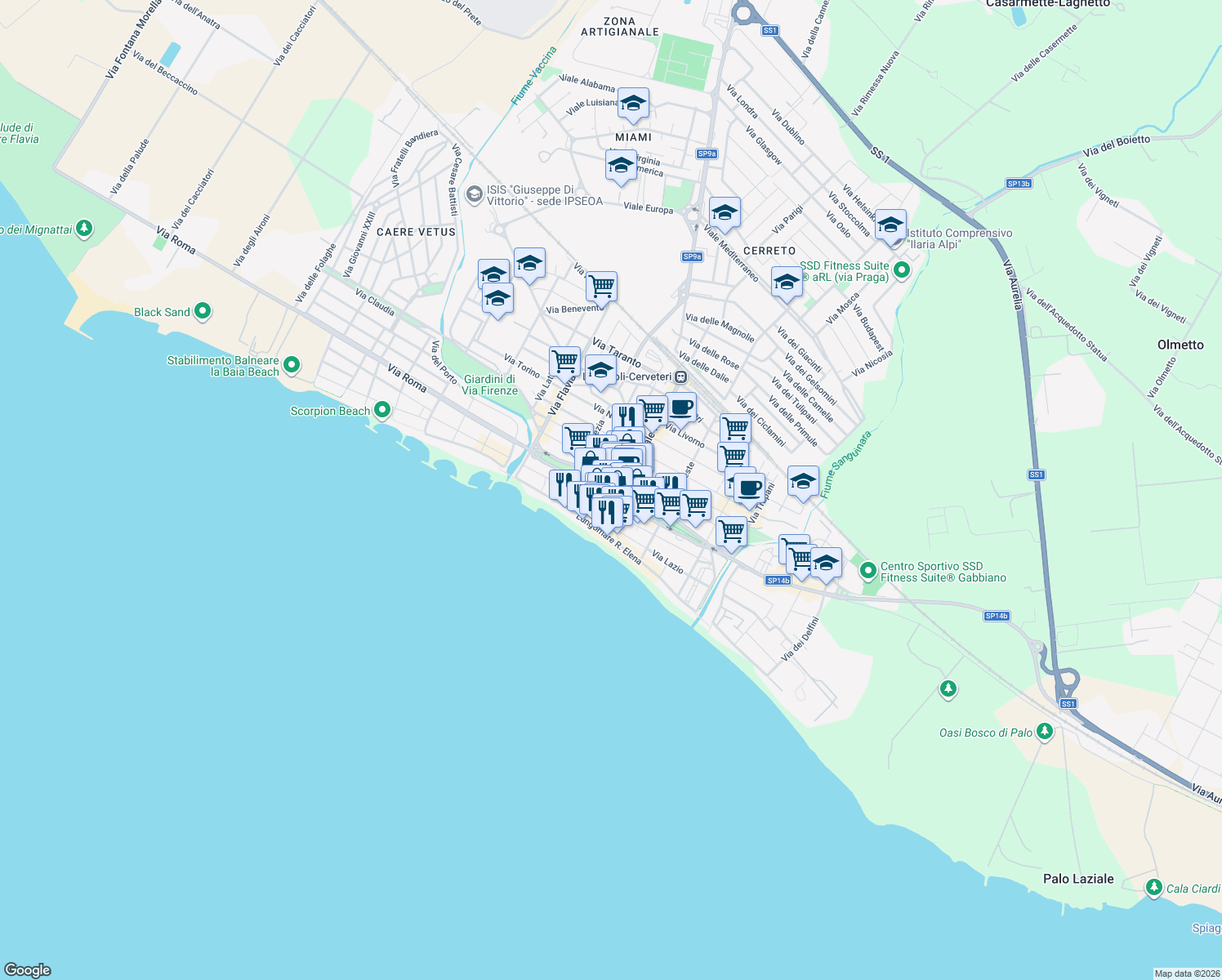 map of restaurants, bars, coffee shops, grocery stores, and more near 121 Via L. Odescalchi in Ladispoli