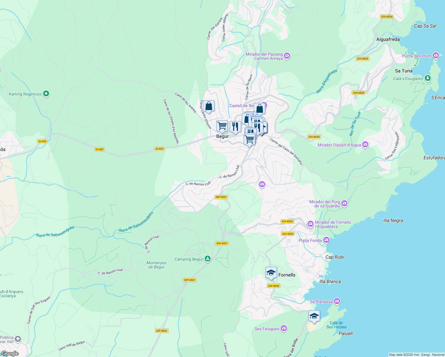 map of restaurants, bars, coffee shops, grocery stores, and more near 21 Calle de Ramón Llull in Begur