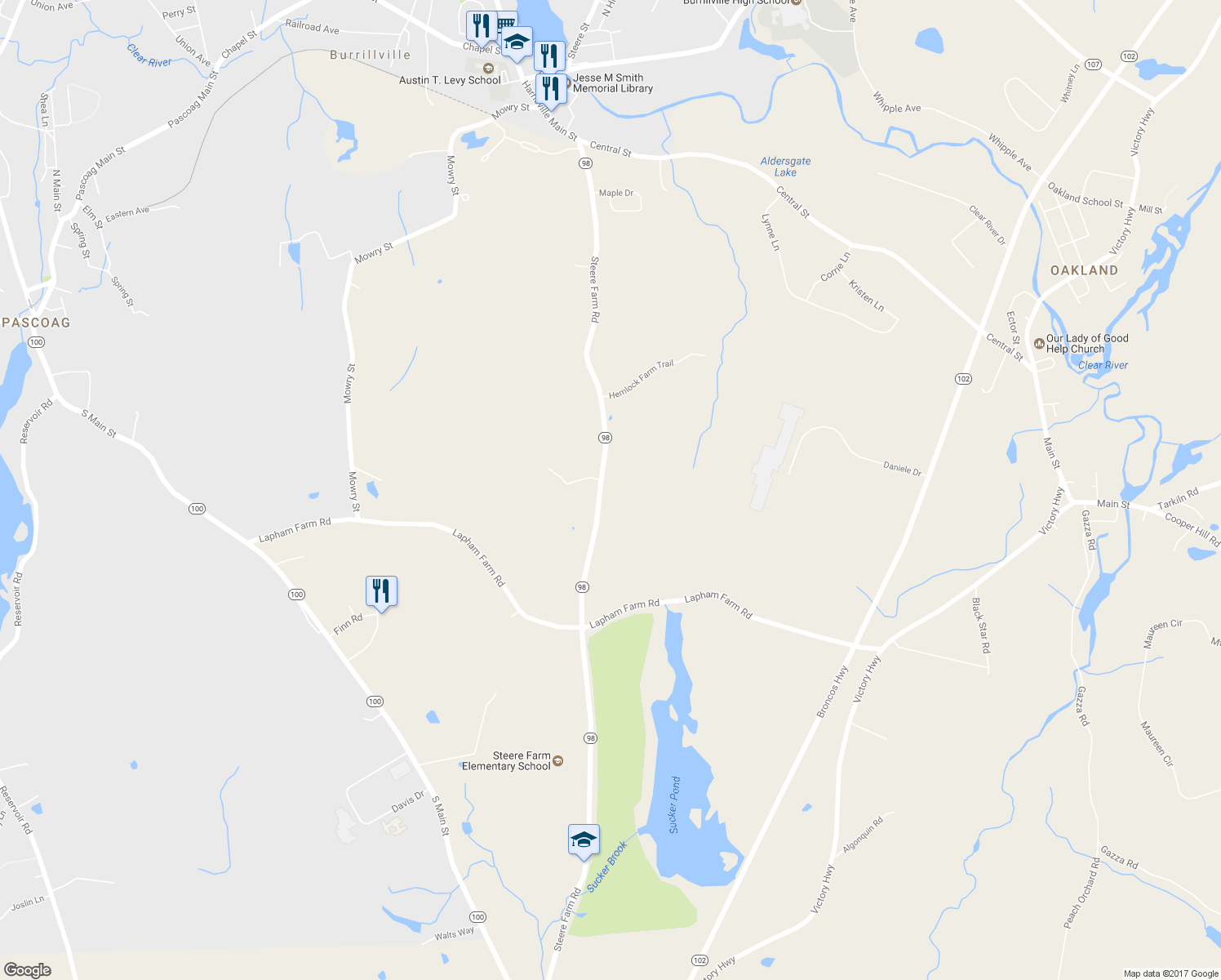 map of restaurants, bars, coffee shops, grocery stores, and more near 504 Steere Farm Road in Burrillville