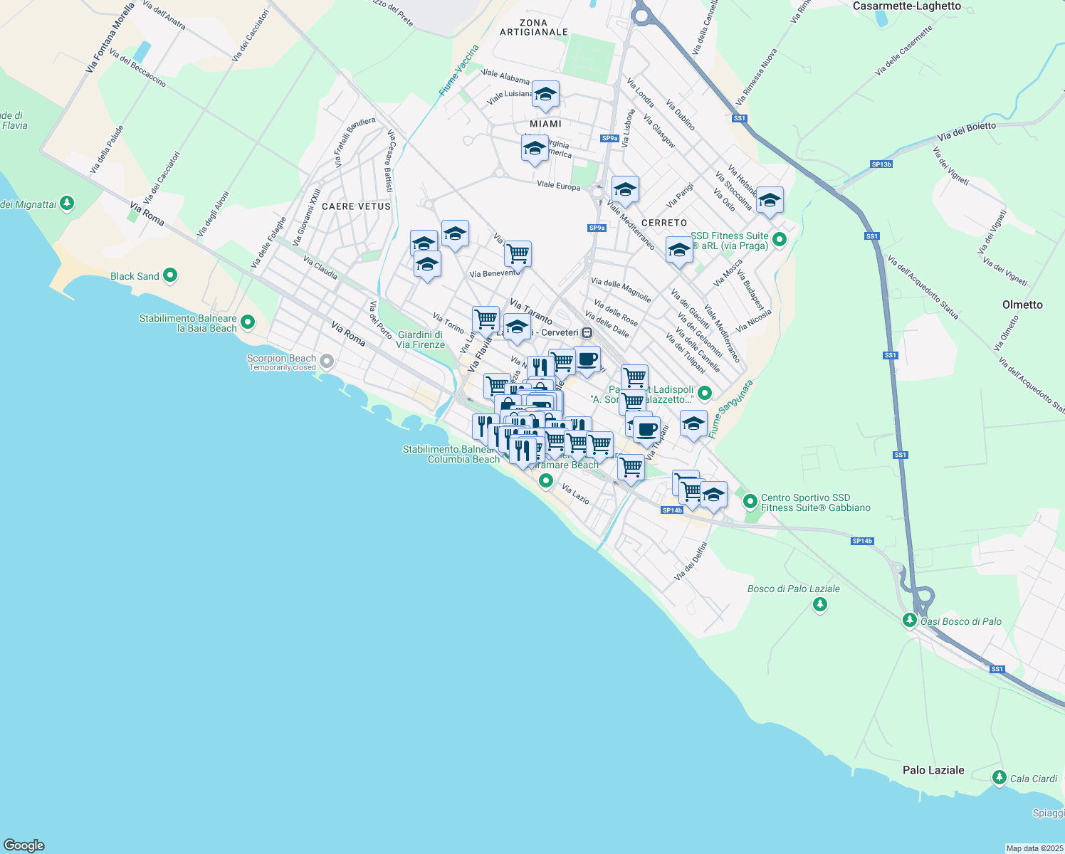 map of restaurants, bars, coffee shops, grocery stores, and more near 1 Piazza Martini Marescotti in Ladispoli
