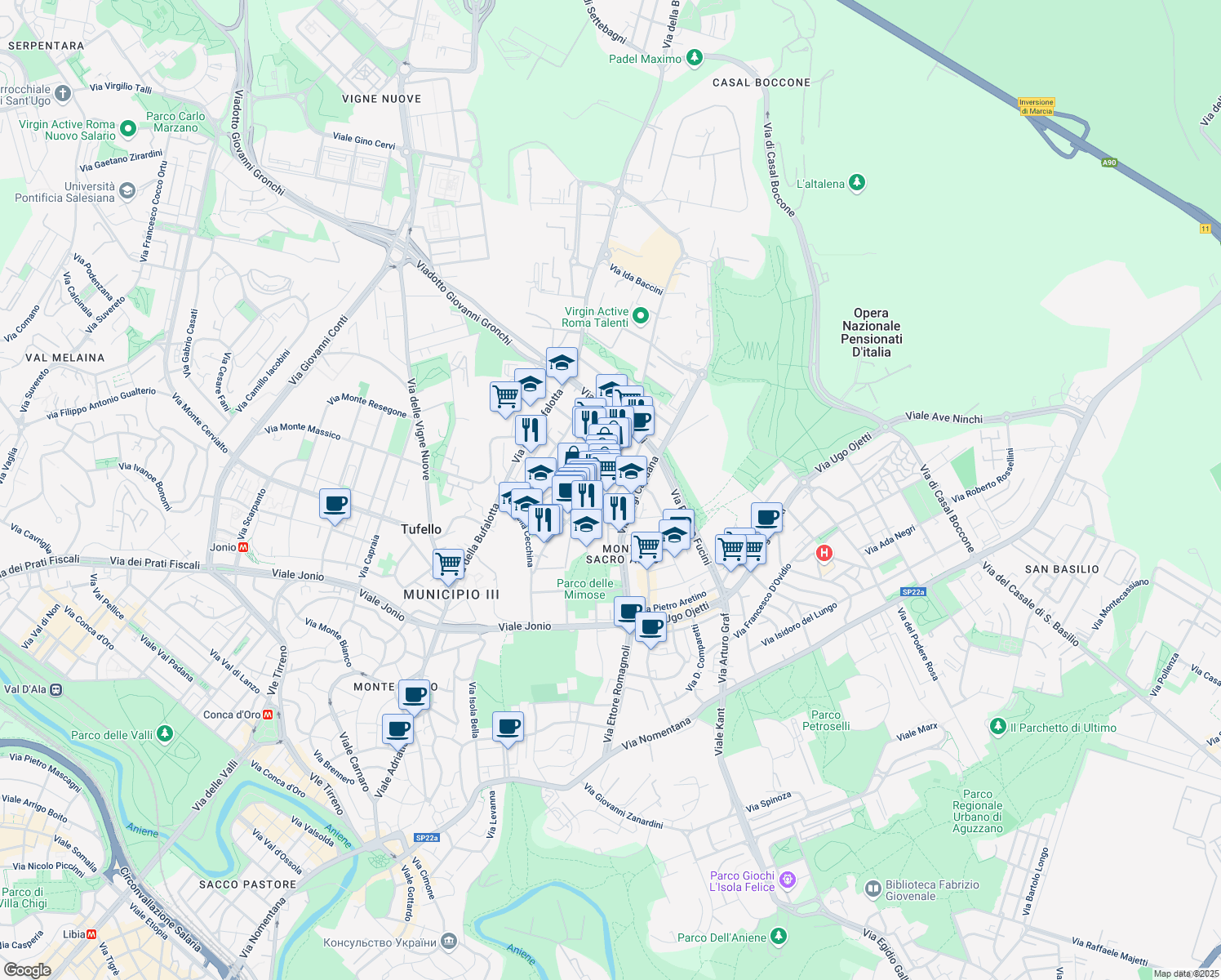 map of restaurants, bars, coffee shops, grocery stores, and more near 37 Via Franco Sacchetti in Rome