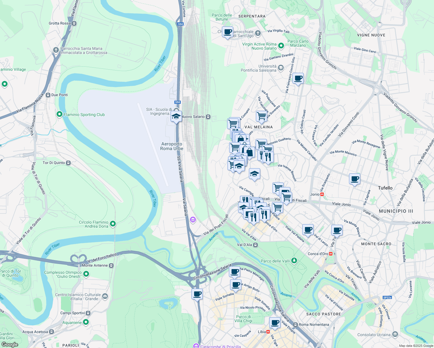 map of restaurants, bars, coffee shops, grocery stores, and more near 63 Via Chiusi in Roma