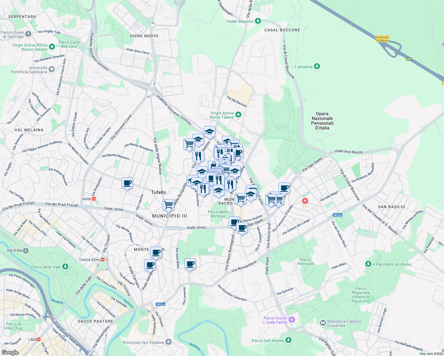 map of restaurants, bars, coffee shops, grocery stores, and more near 37 Via Franco Sacchetti in Rome