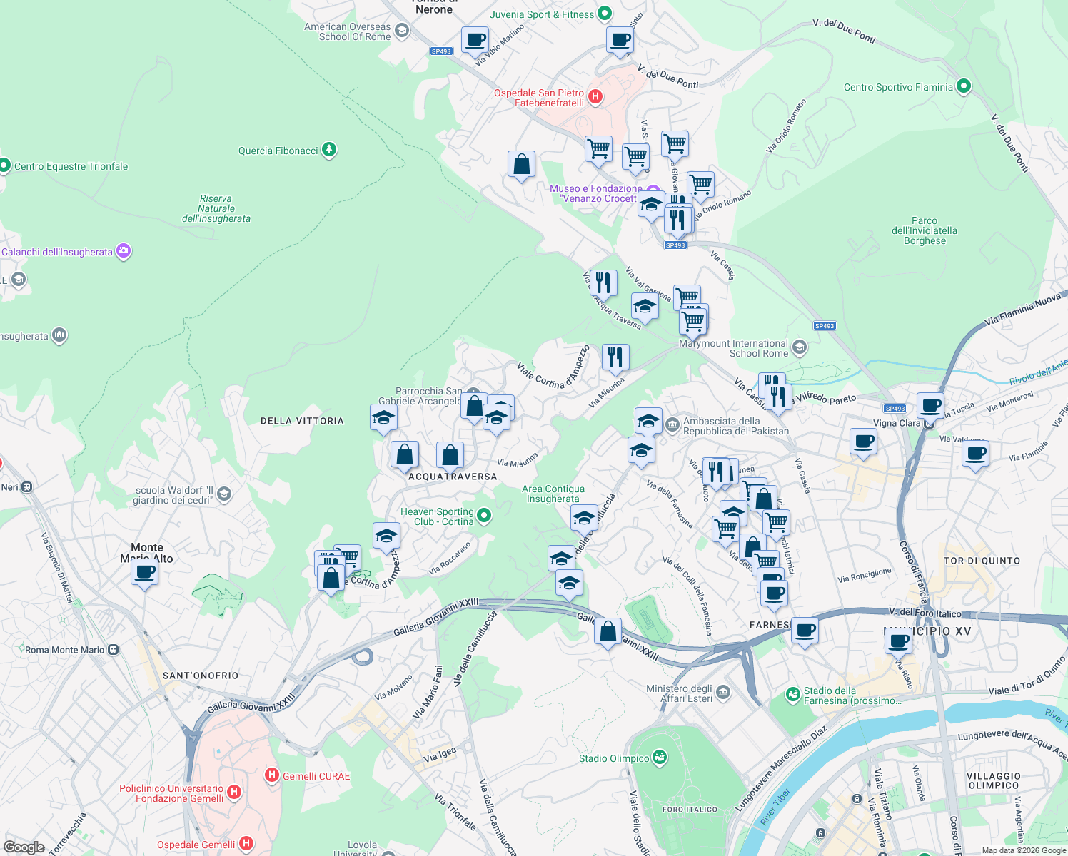 map of restaurants, bars, coffee shops, grocery stores, and more near 97 Via Misurina in Roma