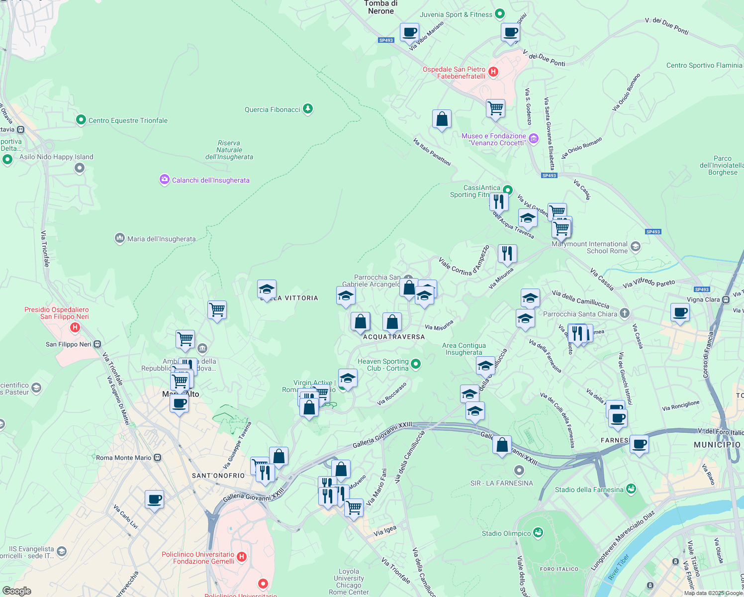 map of restaurants, bars, coffee shops, grocery stores, and more near 32-40 Via Calalzo in Rome