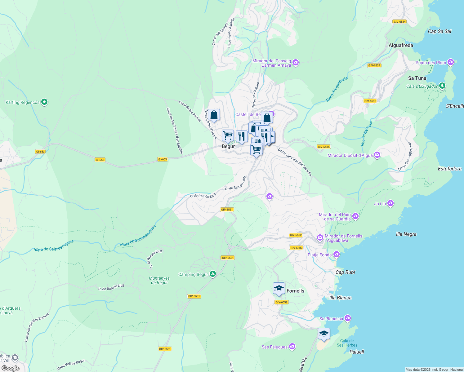 map of restaurants, bars, coffee shops, grocery stores, and more near 21 Calle de Ramón Llull in Begur