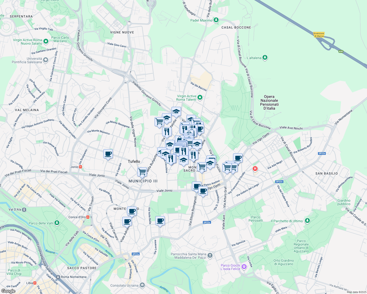 map of restaurants, bars, coffee shops, grocery stores, and more near 37 Via Franco Sacchetti in Rome