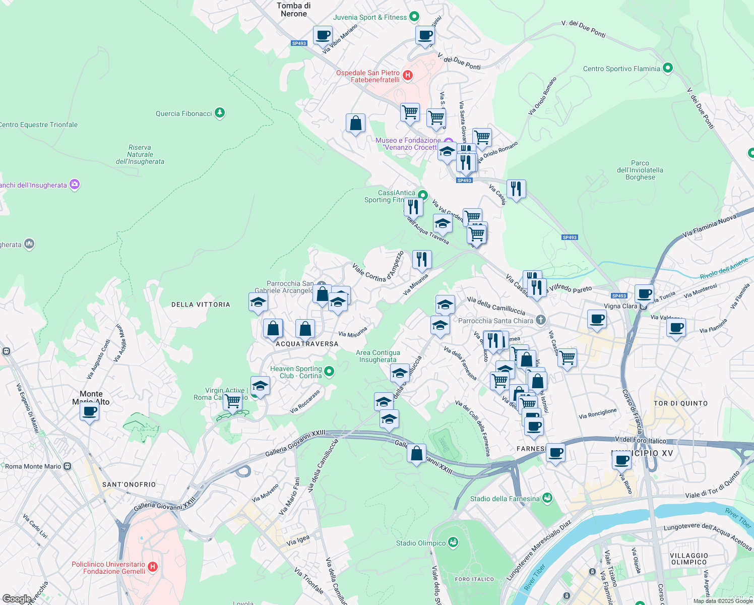 map of restaurants, bars, coffee shops, grocery stores, and more near 77-95 Via Misurina in Rome