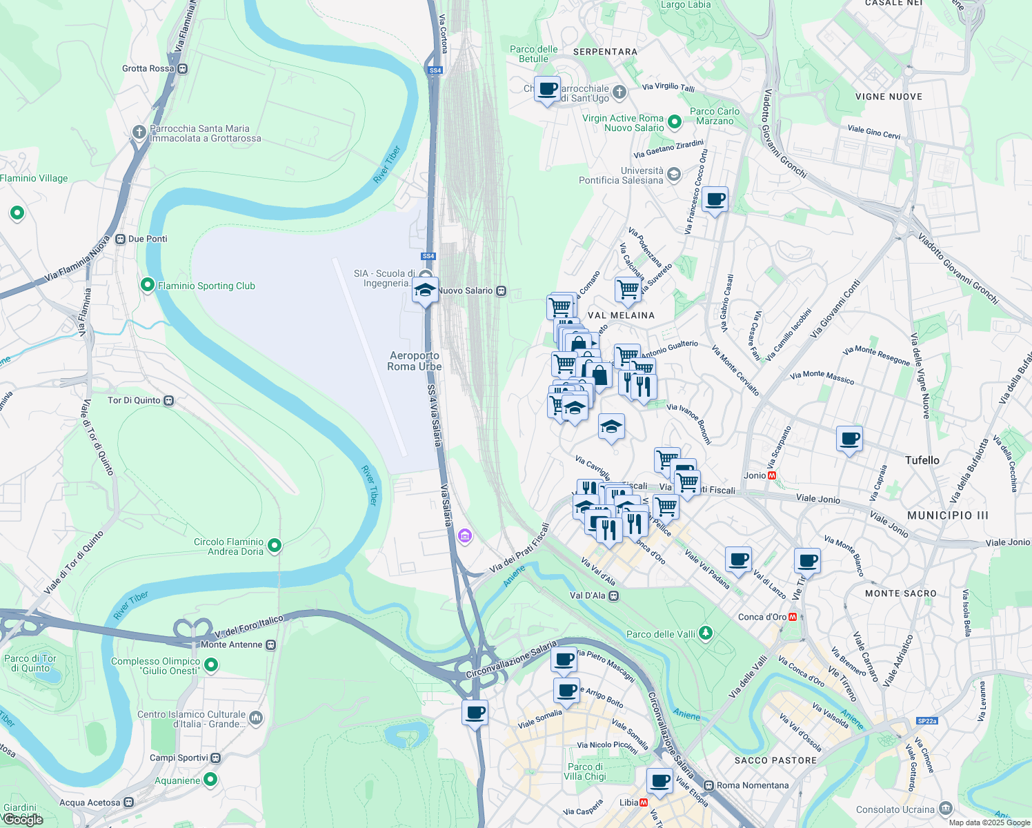 map of restaurants, bars, coffee shops, grocery stores, and more near 61-63 Via Chiusi in Rome