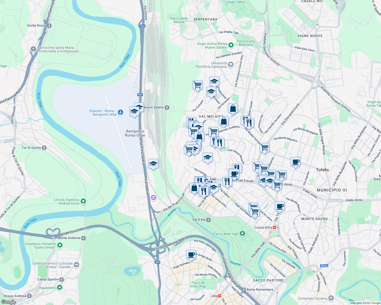 map of restaurants, bars, coffee shops, grocery stores, and more near 79 Via Vaglia in Roma