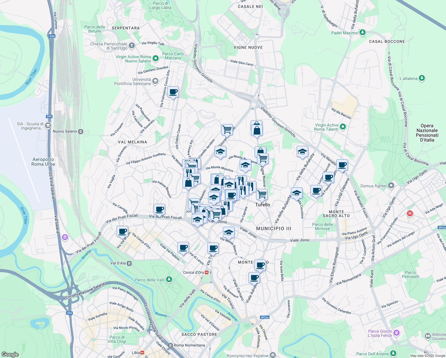map of restaurants, bars, coffee shops, grocery stores, and more near 14 Via Monte Petrella in Rome
