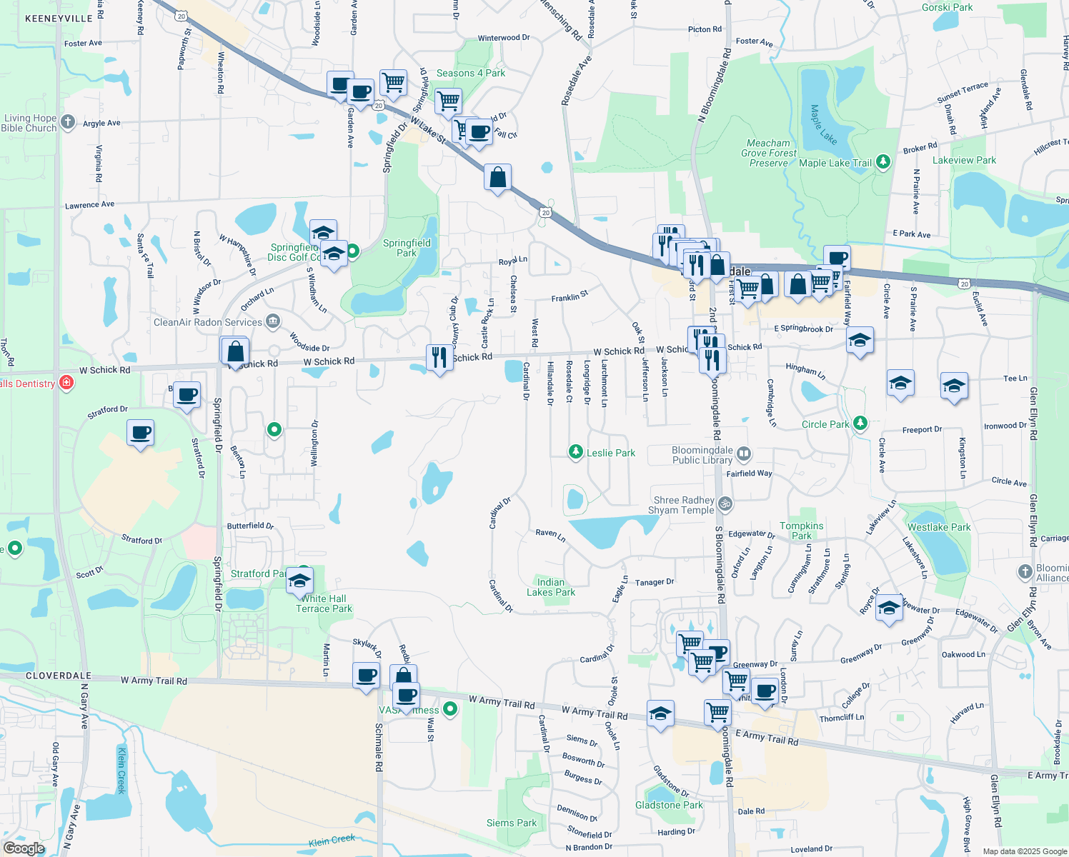 map of restaurants, bars, coffee shops, grocery stores, and more near 185 Cardinal Drive in Bloomingdale