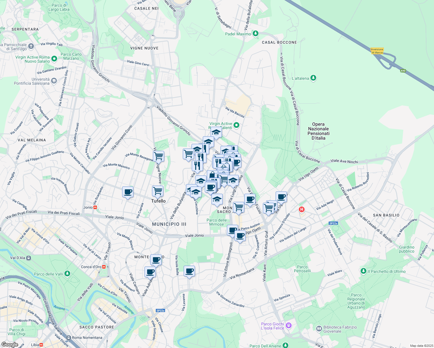 map of restaurants, bars, coffee shops, grocery stores, and more near 14 Via Franco Sacchetti in Rome