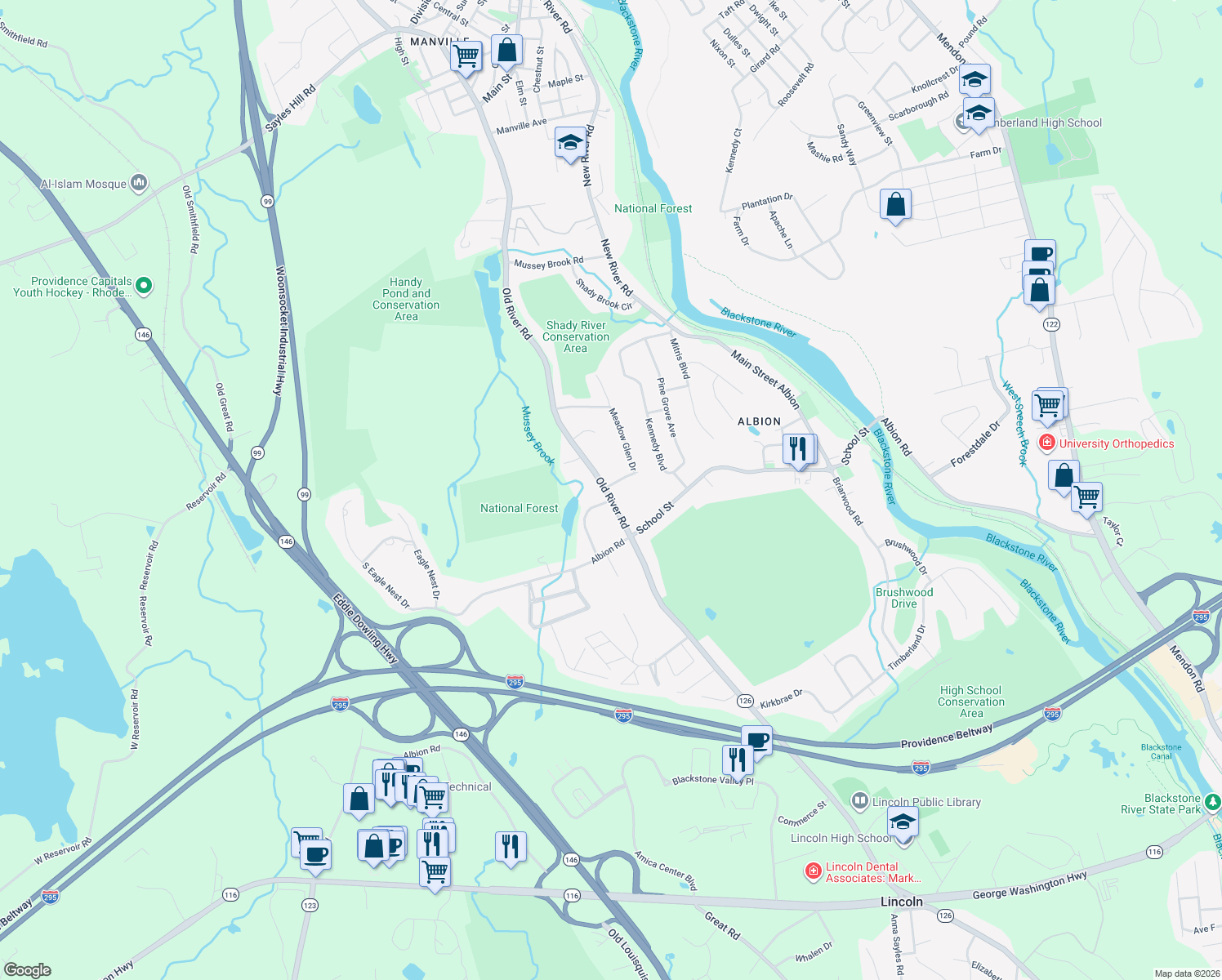 map of restaurants, bars, coffee shops, grocery stores, and more near 1 Deerfield Court in Lincoln