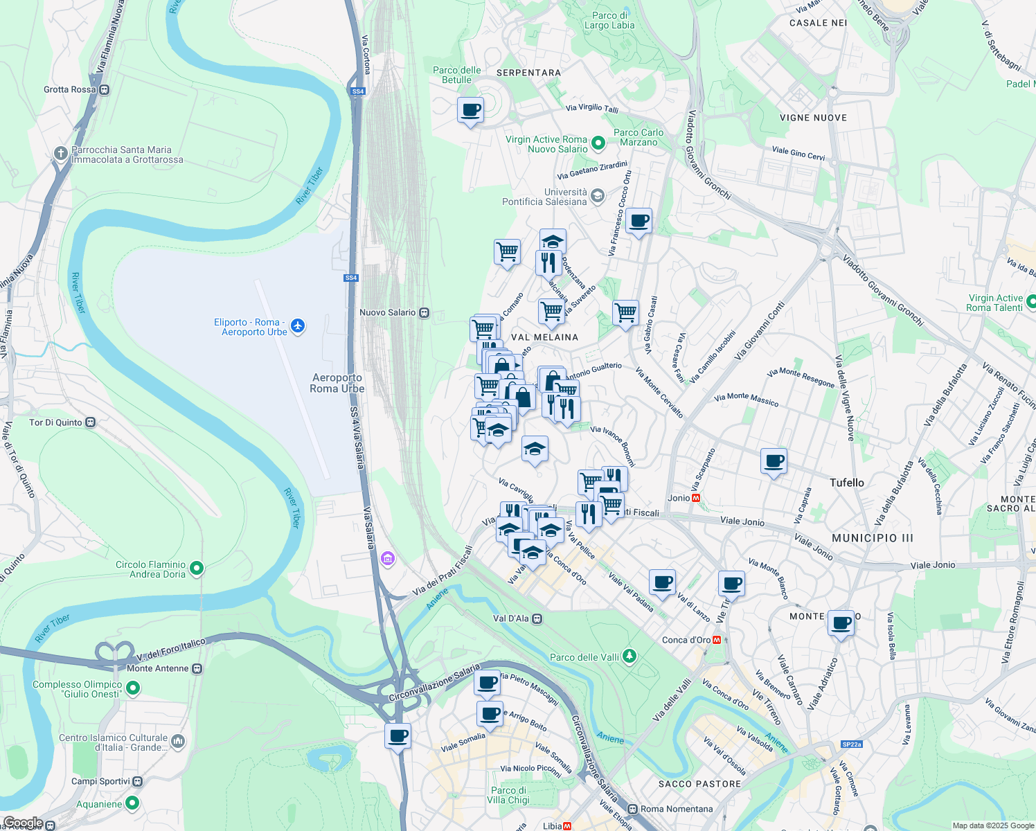 map of restaurants, bars, coffee shops, grocery stores, and more near 65-79 Via Vaglia in Rome
