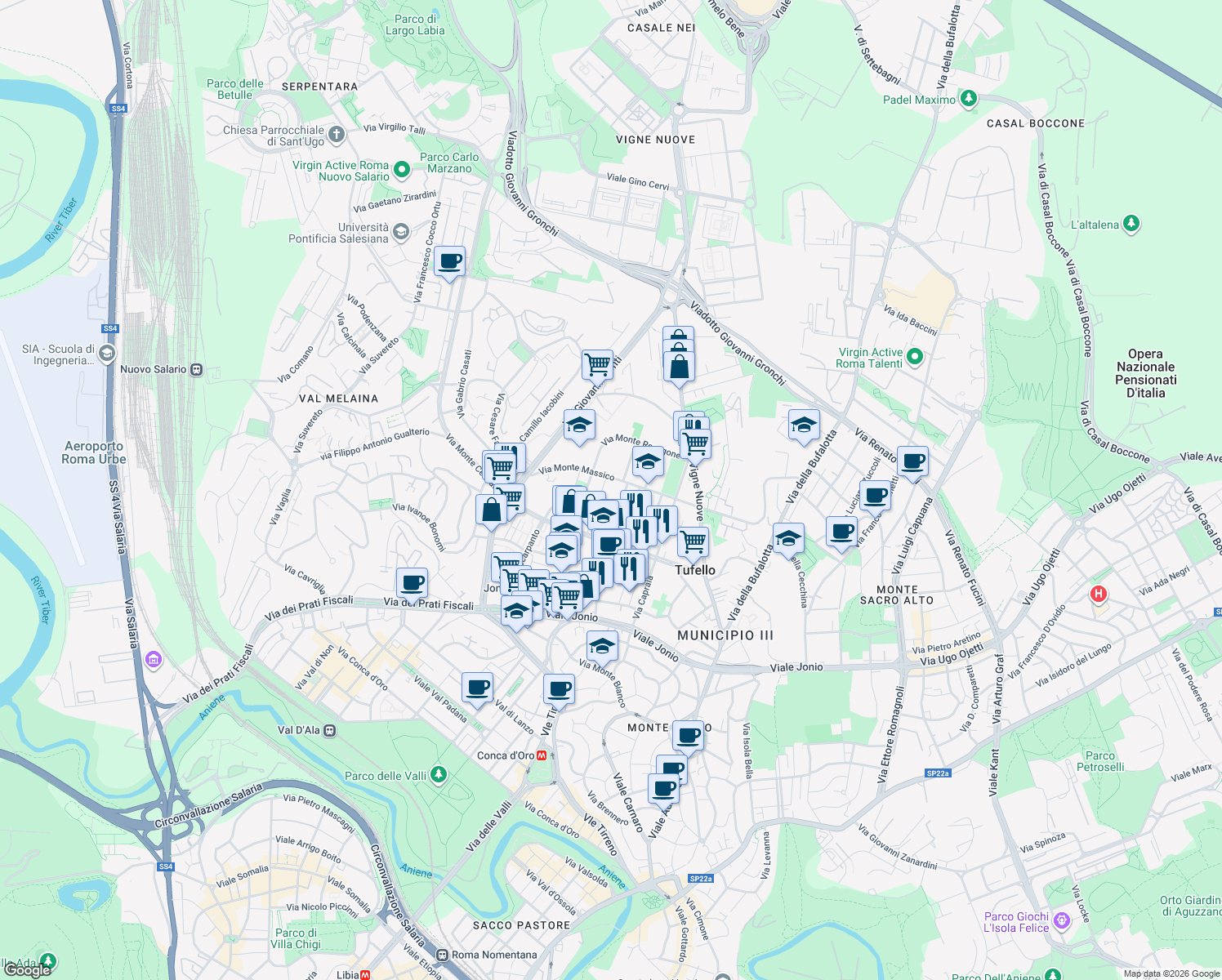 map of restaurants, bars, coffee shops, grocery stores, and more near 9-31 Via Monte Taburno in Rome