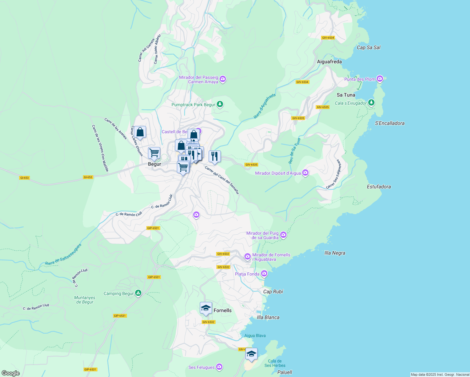 map of restaurants, bars, coffee shops, grocery stores, and more near 49 Carrer del Camí del Semafor in Begur
