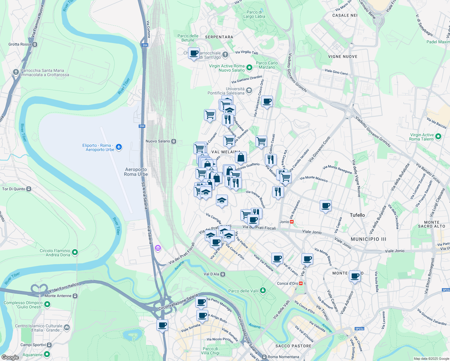 map of restaurants, bars, coffee shops, grocery stores, and more near 118-148 Via Piero Foscari in Rome