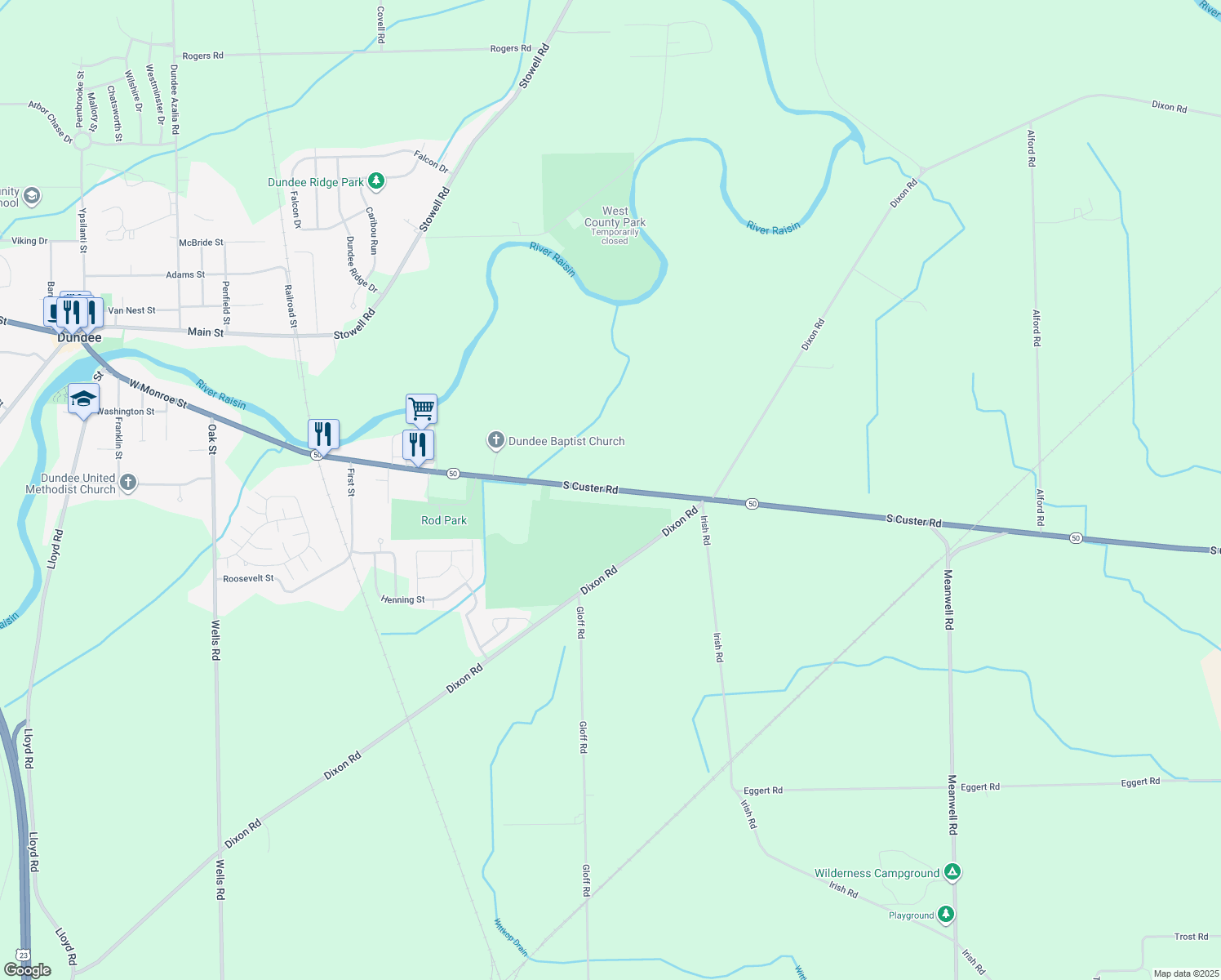 map of restaurants, bars, coffee shops, grocery stores, and more near 13699 South Custer Road in Dundee