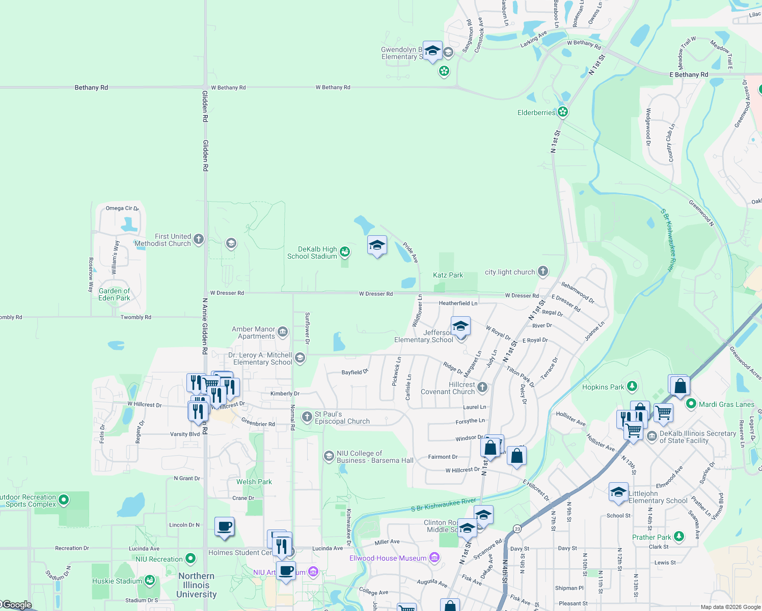 map of restaurants, bars, coffee shops, grocery stores, and more near 582 West Dresser Road in DeKalb