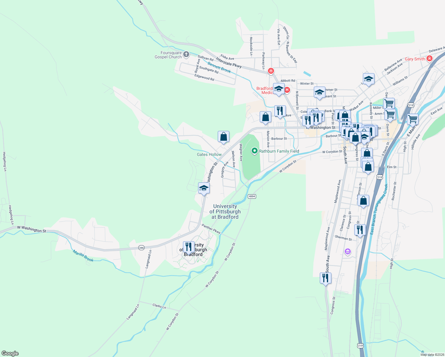 map of restaurants, bars, coffee shops, grocery stores, and more near 59 Gregory Ave in Bradford