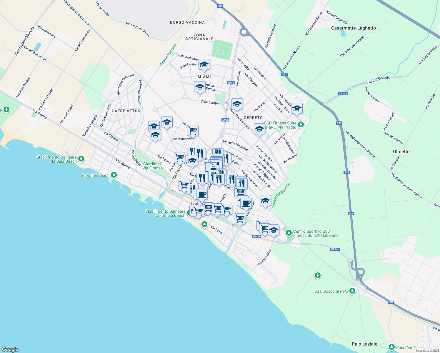map of restaurants, bars, coffee shops, grocery stores, and more near 11 Via Bordighera in Ladispoli