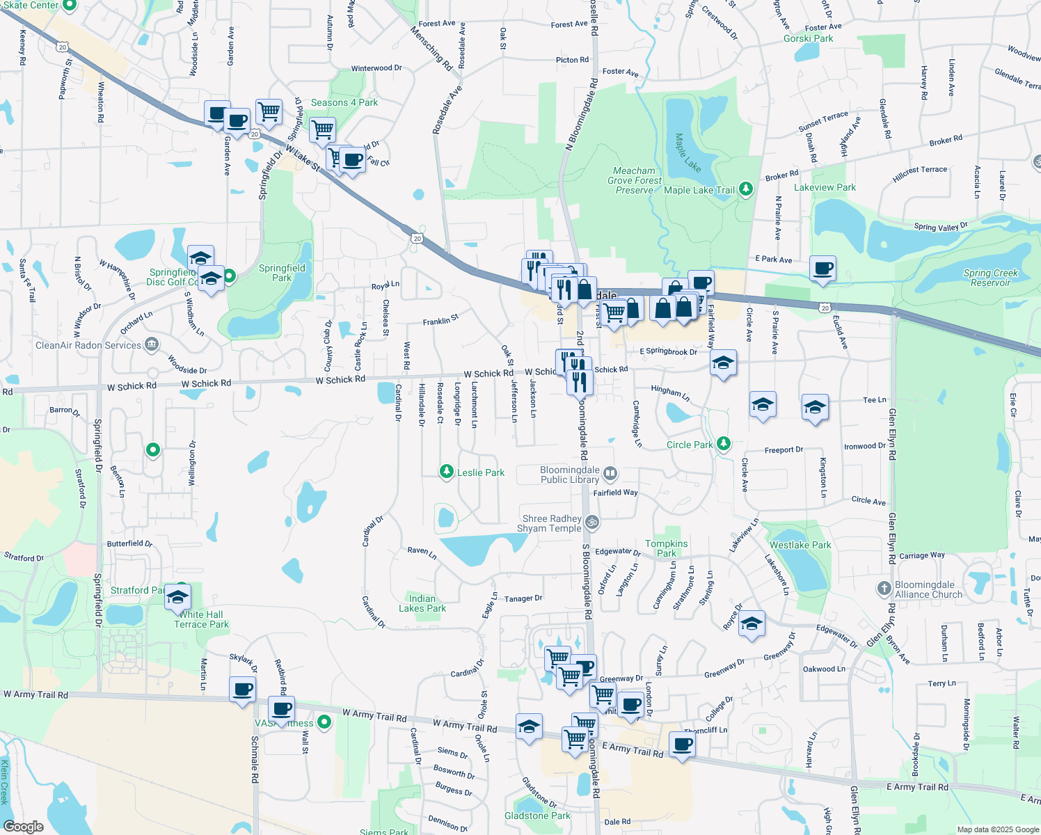 map of restaurants, bars, coffee shops, grocery stores, and more near 173 Jefferson Ln in Bloomingdale