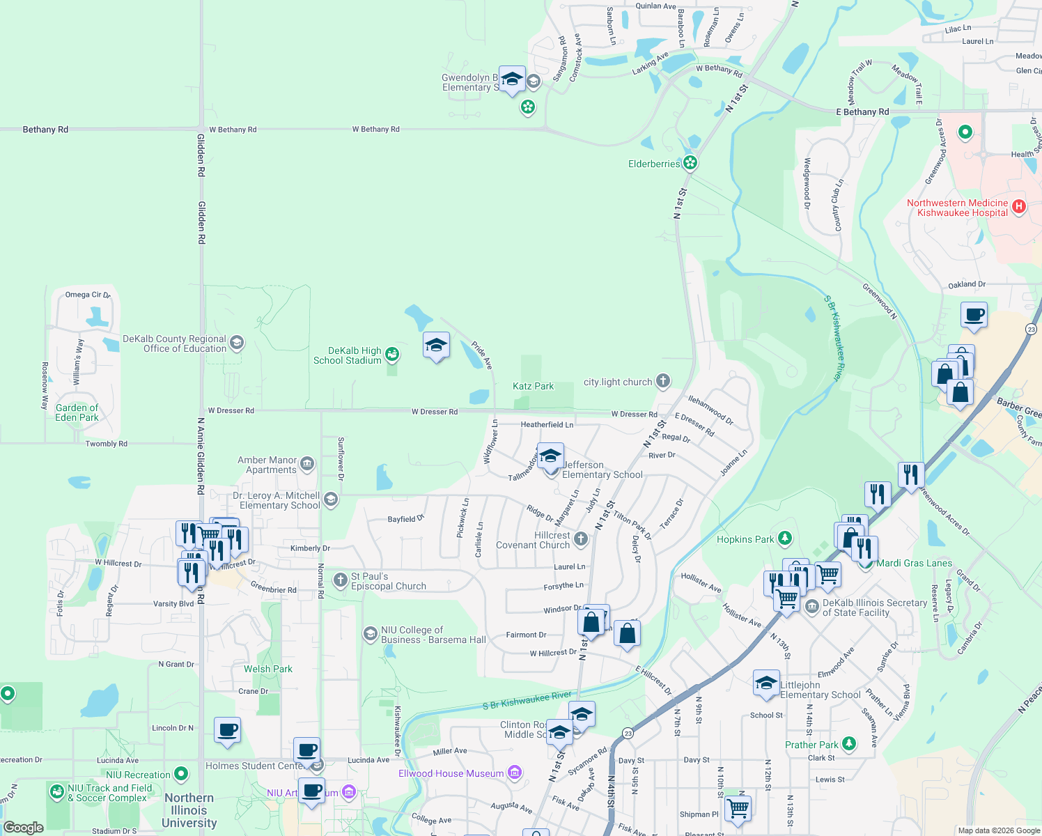 map of restaurants, bars, coffee shops, grocery stores, and more near 403 Heatherfield Lane in DeKalb