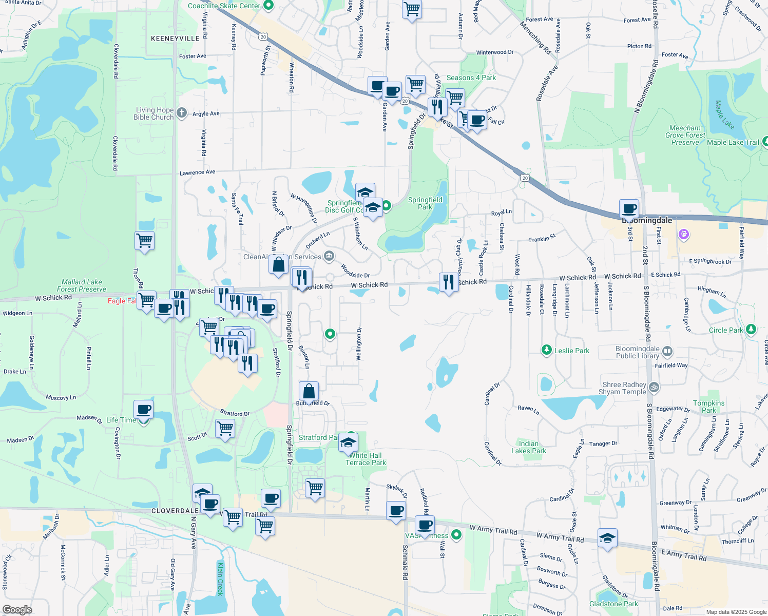 map of restaurants, bars, coffee shops, grocery stores, and more near 158 Los Lagos Drive in Bloomingdale